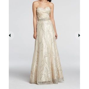 Long Beige Strapless Dress with Gold and Silver Glitter Detailing